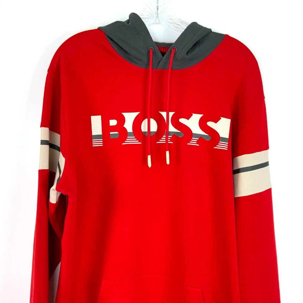 New Hugo Boss Red Hoodie With Gray Hood "BOSS" Logo Sz XL